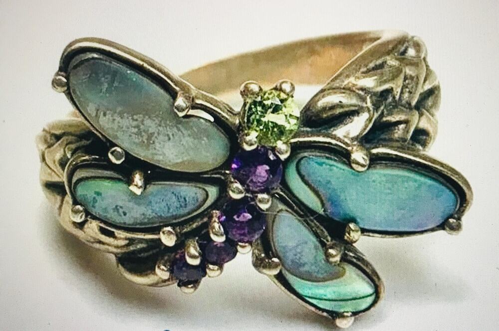 Carolyn Pollack Relios 925 Sterling Abalone Amethyst Peridot Dragonfly - Sz 10
